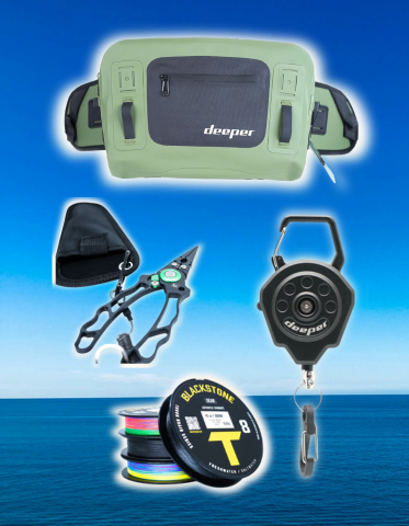 Essential fishing gear featuring a Deeper tackle bag, pliers, line spooler, braided fishing line, and a Deeper scale against a scenic water background.